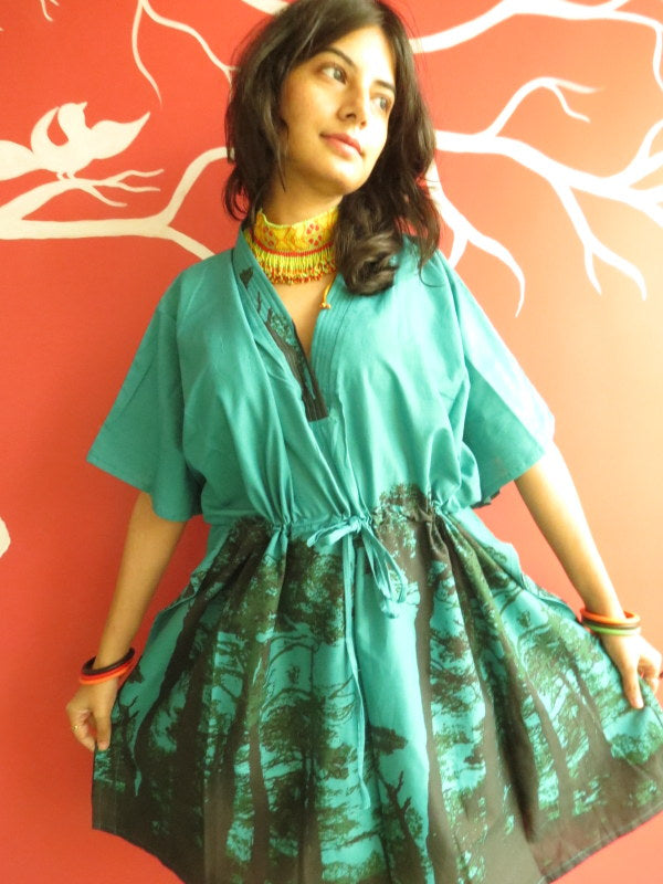 Teal Tree of Life V-Neck, Knee Length, Cinched Waist Caftan