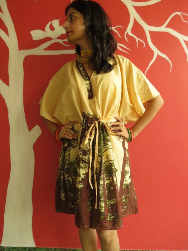 Yellow Tree of Life V-Neck, Knee Length, Cinched Waist Caftan