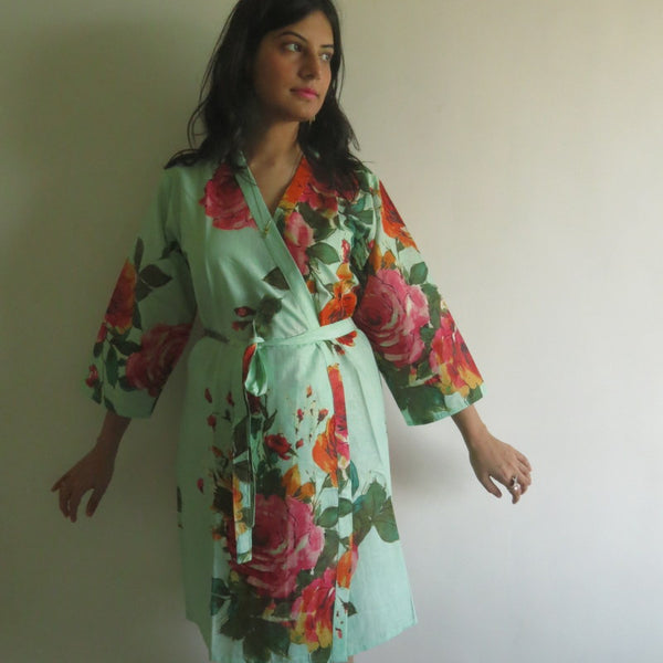 Mint Big Floral Knee Length, Kimono Crossover Belted Robe