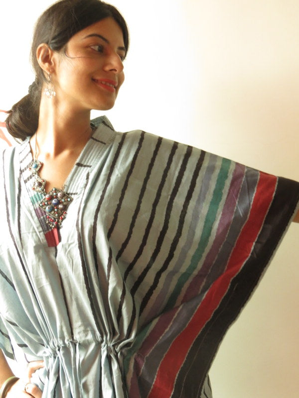 Gray Striped V-Neck, Ankle Length, Cinched Waist Caftan, Comfortable House Dress