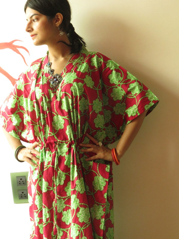 Magenta Green Spiral V-Neck, Ankle Length, Cinched Waist Caftan