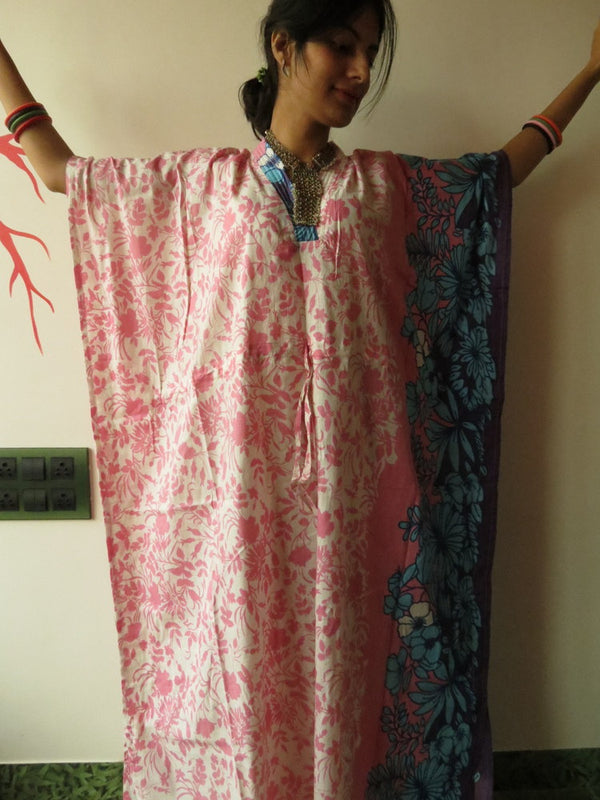 White Pink Leafy V-Neck, Ankle Length, Cinched Waist Caftan