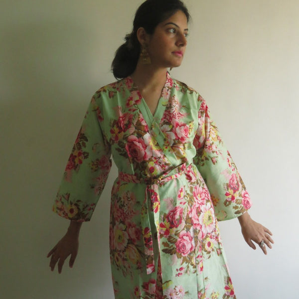 Mint Floral Knee Length, Kimono Crossover Belted Robe