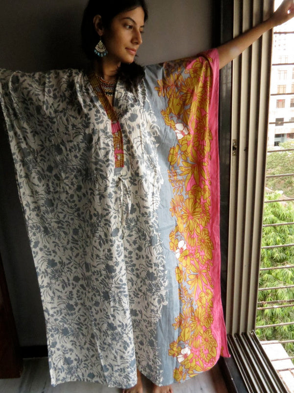 Gray Pink Leafy V-Neck Button Down to Waist, Ankle Length, Cinched Waist Caftan-F2 fabric Code