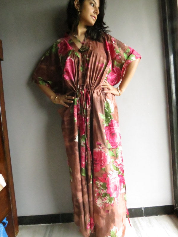 Brown Fuchsia Large Floral Blossom V-Neck Button Down to Waist, Ankle Length, Cinched Waist Caftan