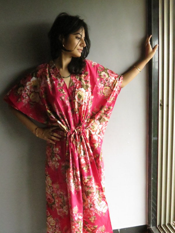 Magenta Floral Rosy Red Posy V-Neck Button Down to Waist, Ankle Length, Cinched Waist Caftan-A6 fabric Code