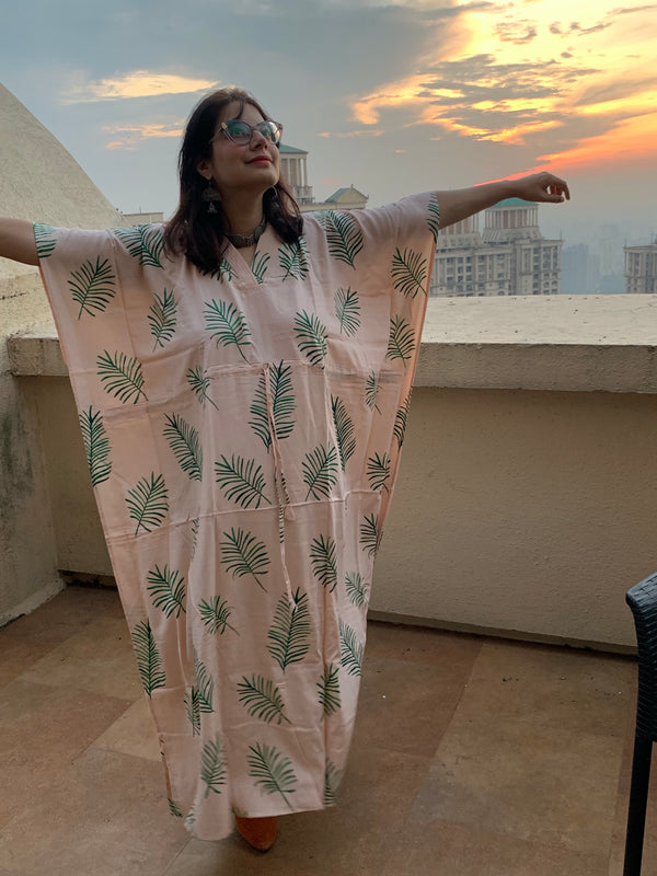 Tropical Delight V-Neck, Cinched Waist Ankle Length Caftan