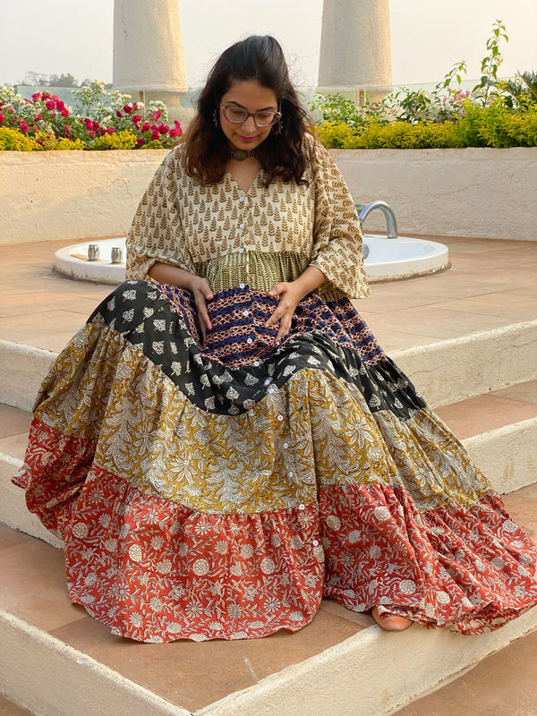 Mixed Patterns Hand-Block 5-Tier Front Buttoned Maternity Dress