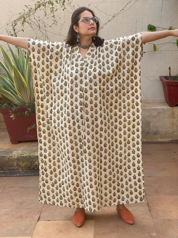 Ivory Mustard Paisley Motif Hand Block Printed Caftan with V-Neck, Cinched Waist and Available in both Knee and Ankle Length