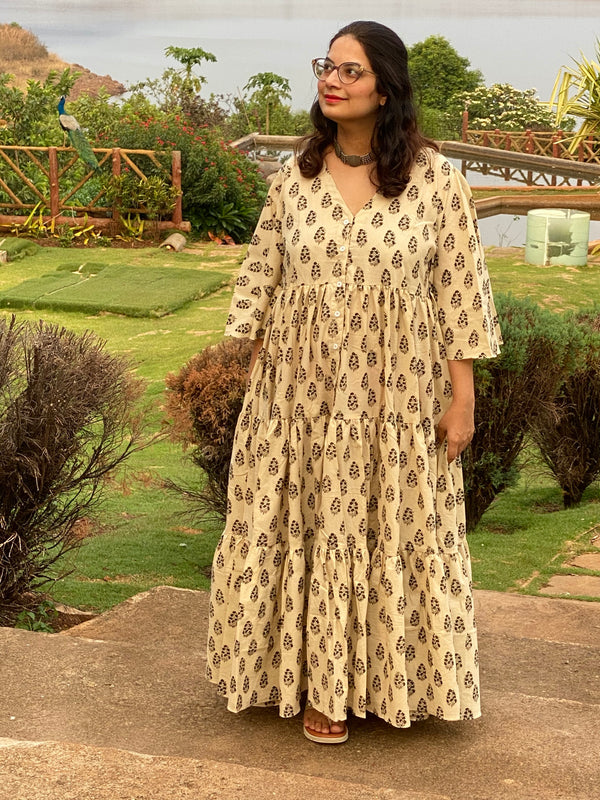 Ivory Black Paisley Motif Hand-Block Printed Front Buttoned Tiered Dress