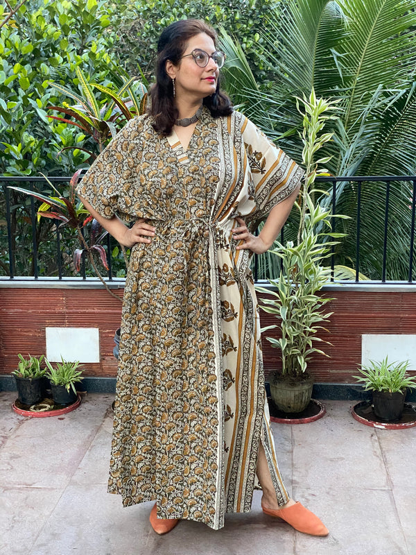 Olive Green Bordered Hand Block Printed Caftan with V-Neck, Cinched Waist and Available in both Knee and Ankle Length