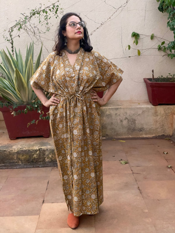 Mustard Floral Motif Hand-Blocked Kaftan with V-Neck, Cinched Waist and Available in both Knee and Ankle Length