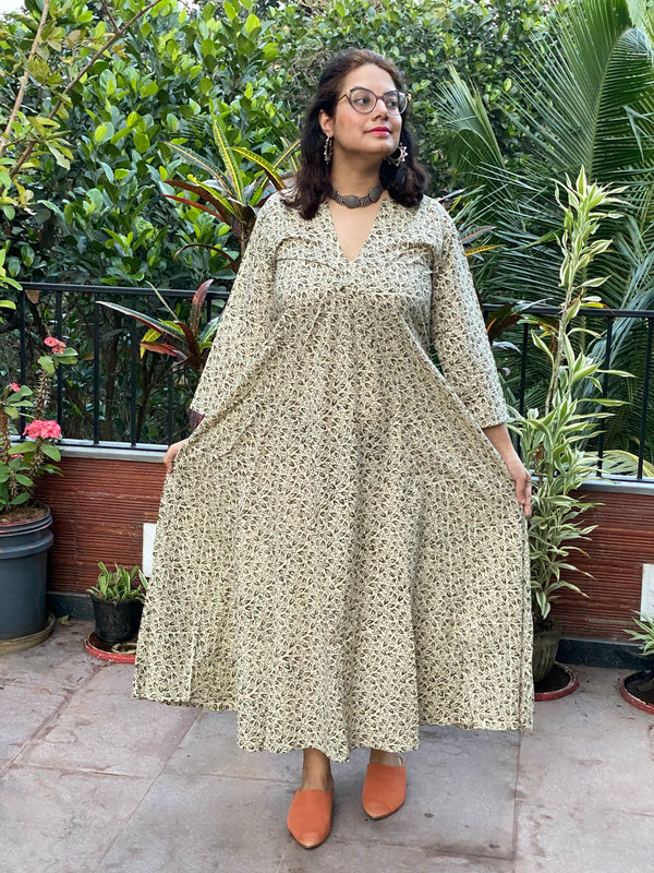 Ivory Green Teeny Tiny Leafy Motif Hand-Blocked Free Flow Dress | Available in both Knee and Ankle Length