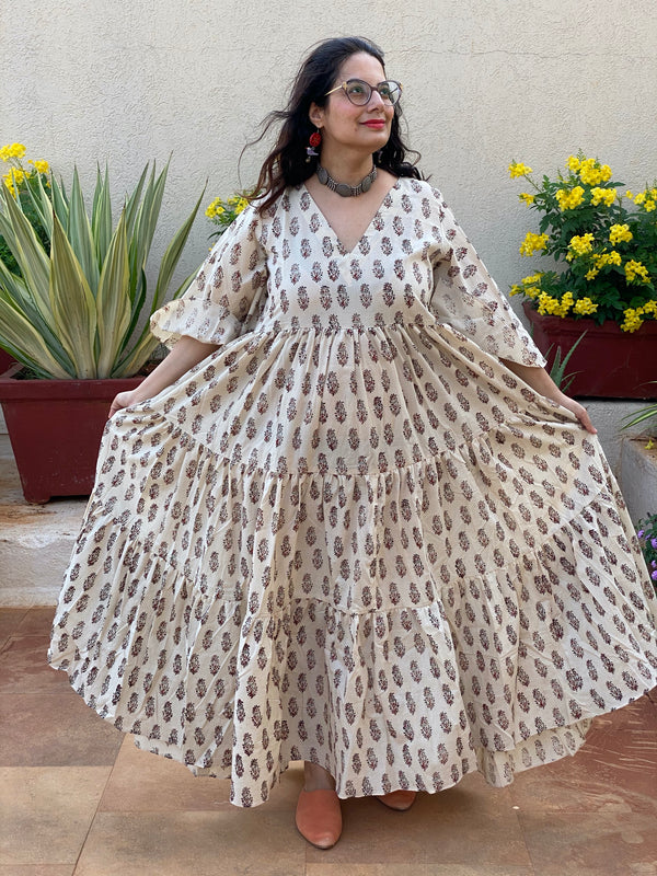 Ivory Red Paisley Motif Hand-Block Tiered Dress