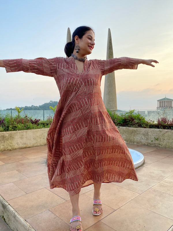 Red Geometric Motif Hand-Blocked Free Flow Dress | Available in both Knee and Ankle Length