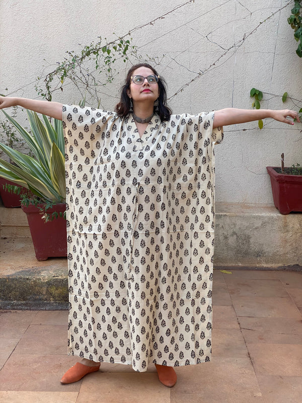 Cream Floral Motif Hand-Blocked Kaftan with V-Neck, Cinched Waist and Available in both Knee and Ankle Length