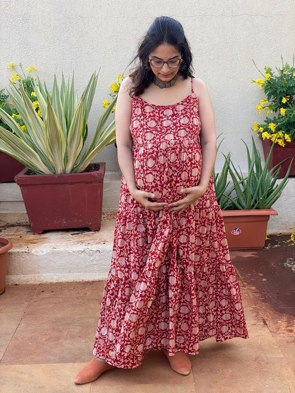 Red Lotus Motif Hand-Block Tiered Maternity Spaghetti Dress