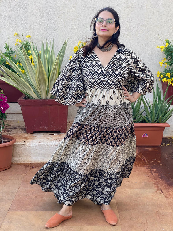 Black Ivory Mixed Hand Block Printed 5 Tiered Dress
