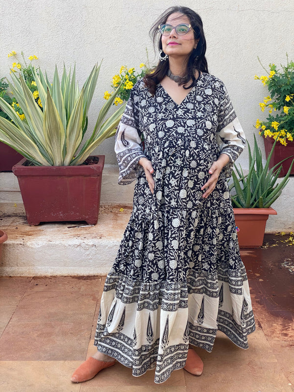 Black Bordered Hand-Block Tiered Maternity Dress