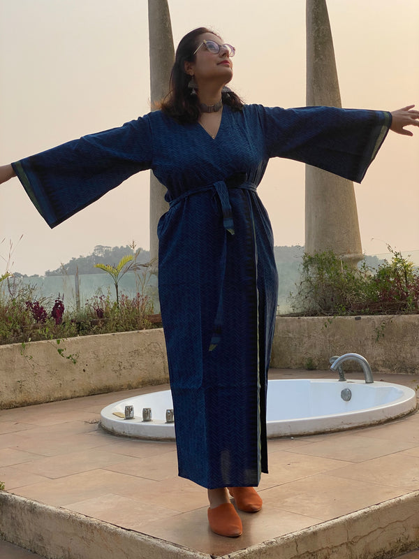 Indigo Blue Geometric Motif Hand Block Printed Kimono Robe | Available in both Knee and Ankle Length