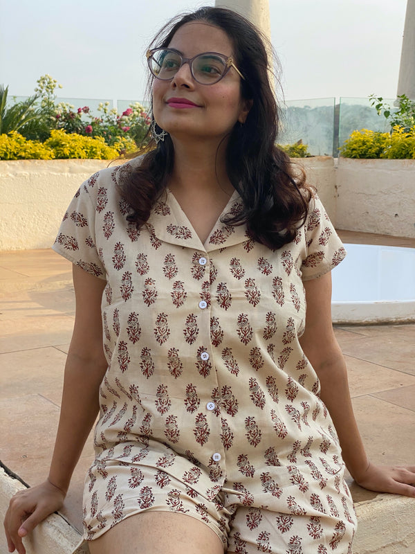 Ivory Paisley Motif Hand Block Printed Pjs | Organic Cotton Notched Collared Front Buttoned Pajama Set