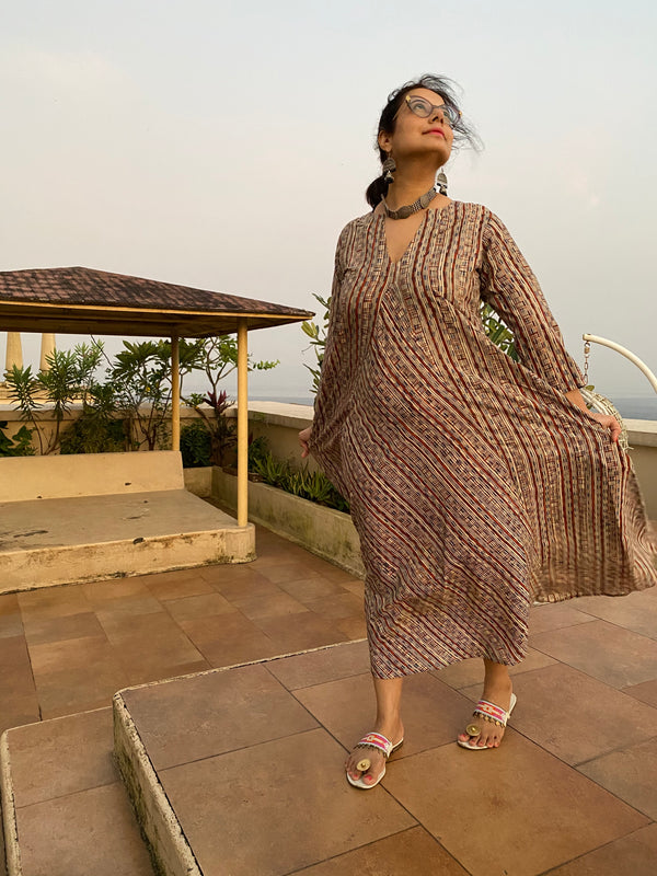 Red Blue Geometric Motif Hand-Blocked Free Flow Dress | Available in both Knee and Ankle Length