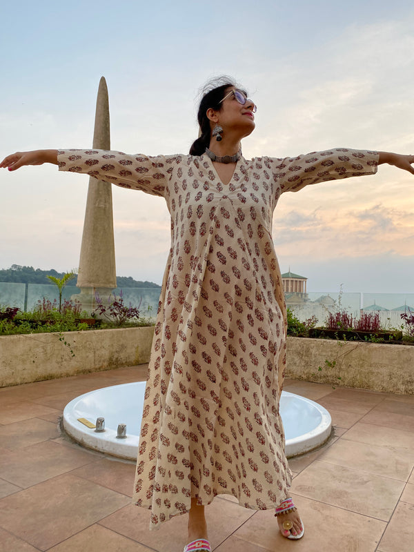 Ivory Red Paisley Motif Hand-Blocked Free Flow Dress | Available in both Knee and Ankle Length