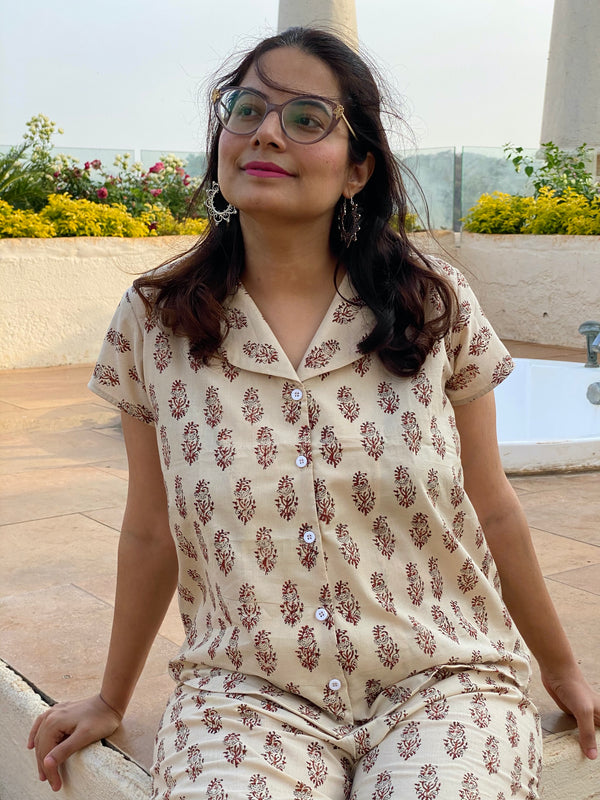 Ivory Paisley Motif Hand Block Printed Pjs | Organic Cotton Notched Collared Front Buttoned Pajama Set