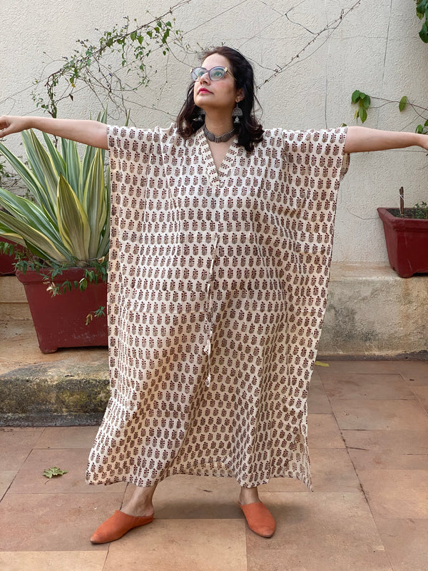 Cream Red Floral Motif Hand-Blocked Kaftan with V-Neck, Cinched Waist and Available in both Knee and Ankle Length