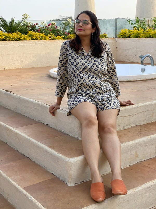 Ivory Blue Floral Motif Hand Block Printed Pjs | Organic Cotton Notched Collared Front Buttoned Pajama Set | Available in both shorts and pants style