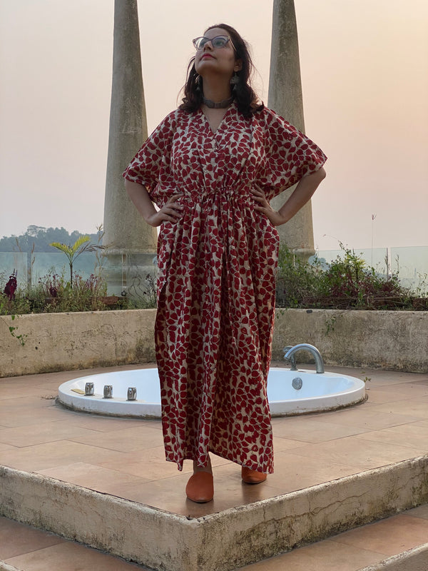 Ivory Red Leafy Motif Hand-Blocked Kaftan with V-Neck, Cinched Waist and Available in both Knee and Ankle Length