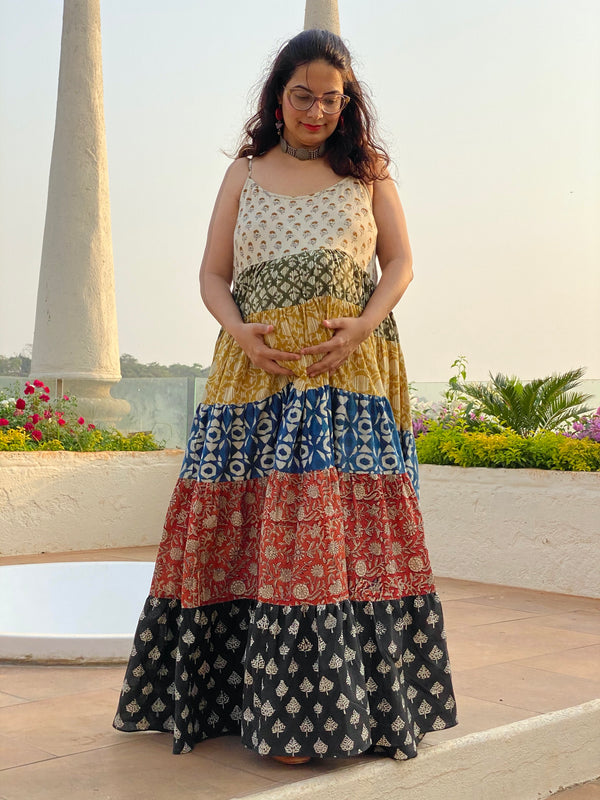Mixed Patterns Hand-Block 5-Tier Spaghetti Maternity Dress