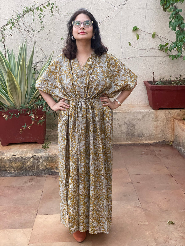 Mustard Floral Motif Hand-Blocked Caftan with V-Neck, Cinched Waist and Available in both Knee and Ankle Length