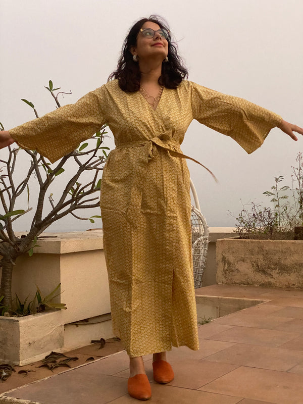 Mustard Triangle Geometrical Motif Hand-Block Printed Kimono Robe | Available in both Knee and Ankle Length