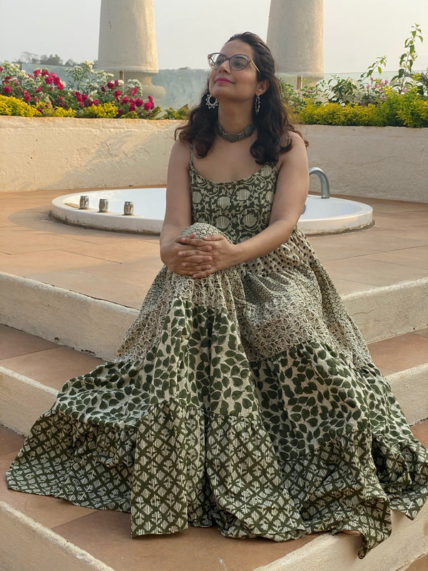 Ivory Green Mixed Hand Block Printed 5 Tiered Spaghetti Dress