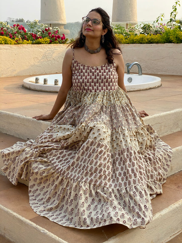 Ivory Mixed Patterns Hand Block Printed 5 Tiered Spaghetti Dress
