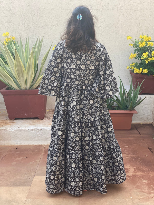 Black Floral Motif Hand-Block Tiered Maternity Dress