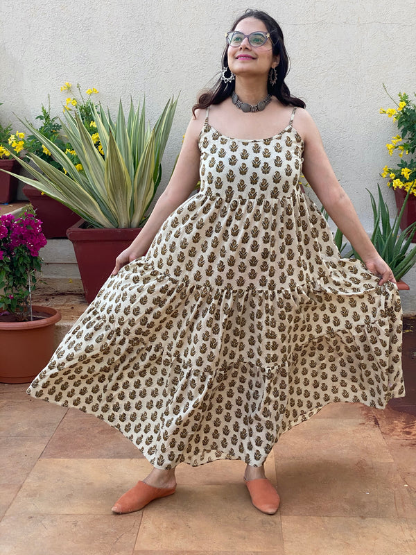 Spaghetti Ivory Gold Paisley Motif Hand-Block Printed Tiered Dress