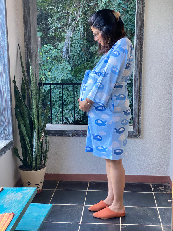 Aero Aero Airplanes Maternity Robe | Softest Jersey Knit Organic Cotton | Nursing Gown | Delivery Robe