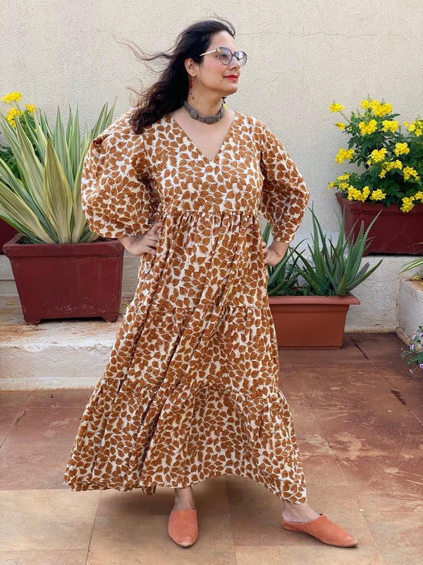 Ivory Mustard Leafy Motif Hand-Block Tiered Dress