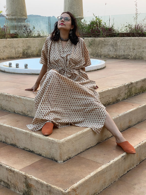 Ivory Red Teeny Tiny Flowers Motif Hand Block Printed Caftan with V-Neck, Cinched Waist and Available in both Knee and Ankle Length