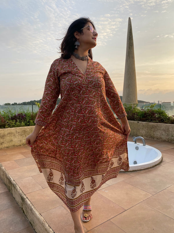 Red Floral Bordered Hand-Blocked Free Flow Dress | Available in both Knee and Ankle Length