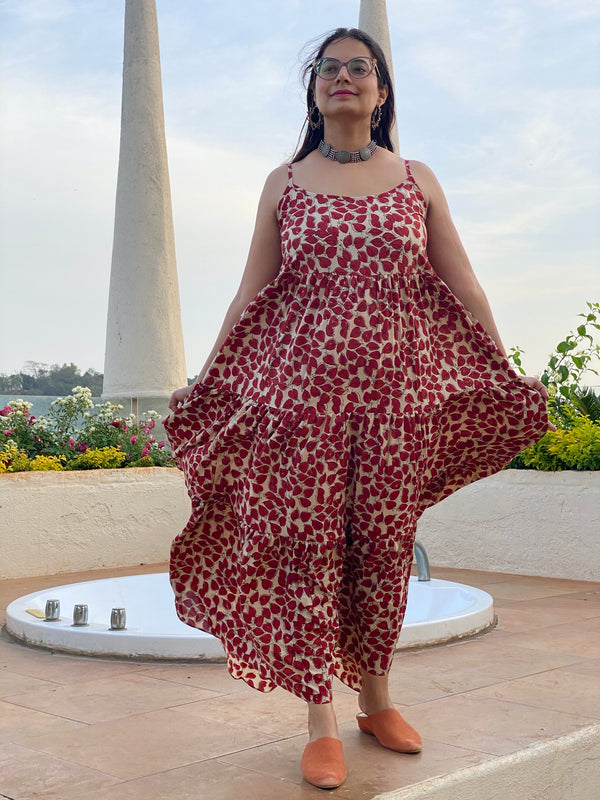 Spaghetti Red Leafy Motif Hand-Block Printed Tiered Dress