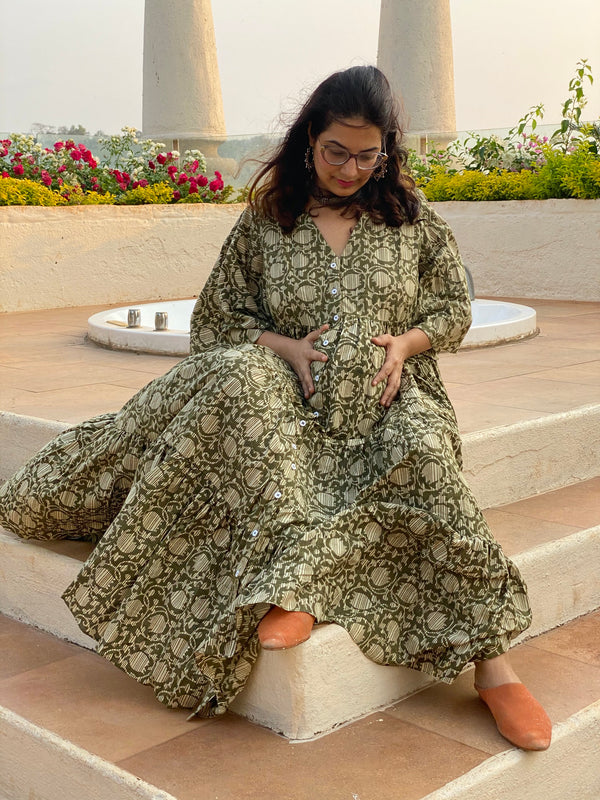 Green Lotus Motif Hand-Block Front Buttoned Tiered Maternity Dress