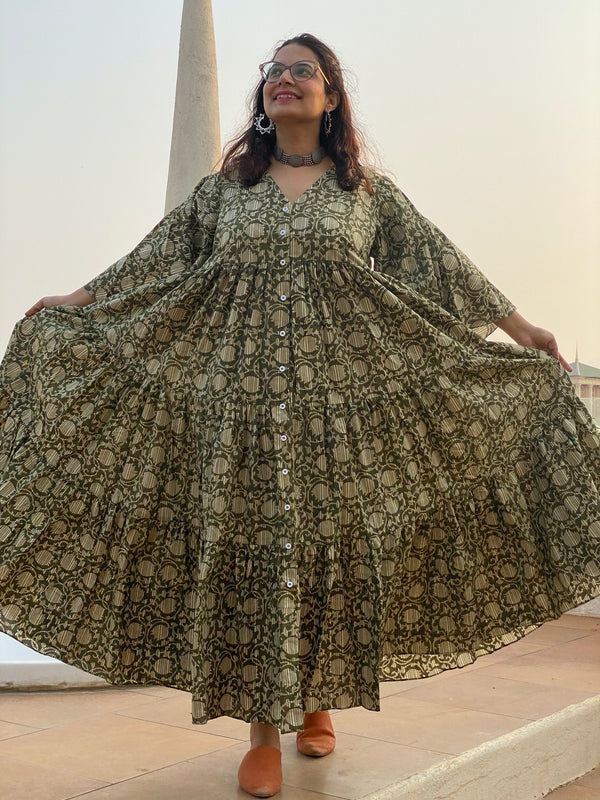 Green Lotus Motif Hand-Block Printed Tiered Dress