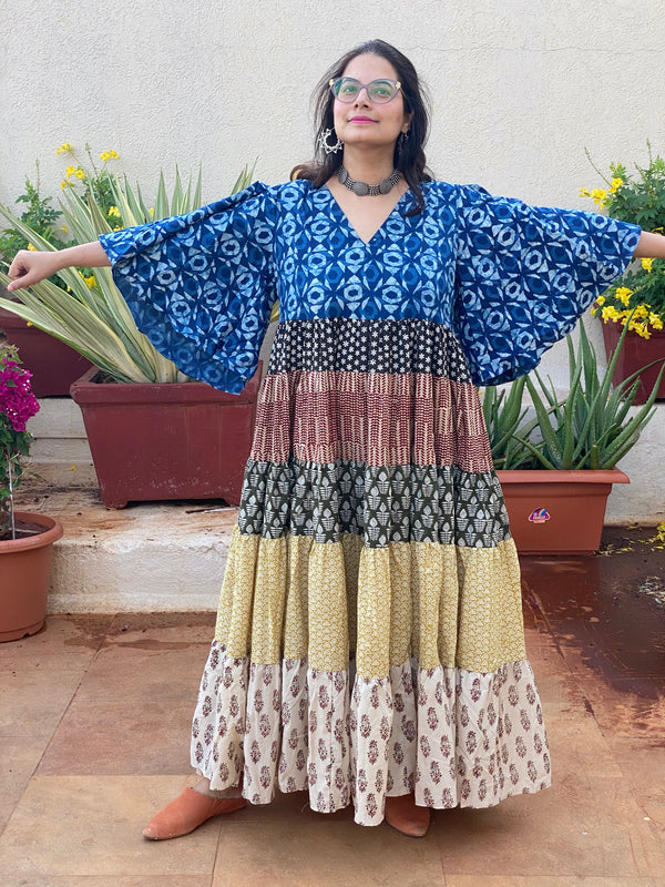 Mixed Colors Hand Block Printed 5 Tiered Dress