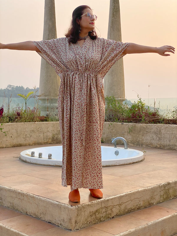 Ivory with Red leafy Motif Hand-Blocked Caftan with V-Neck, Cinched Waist and Available in both Knee and Ankle Length