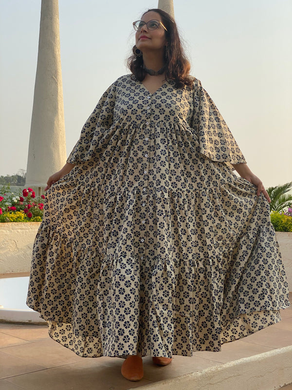 Ivory Blue Floral Motif Hand-Block Front Buttoned Tiered Dress