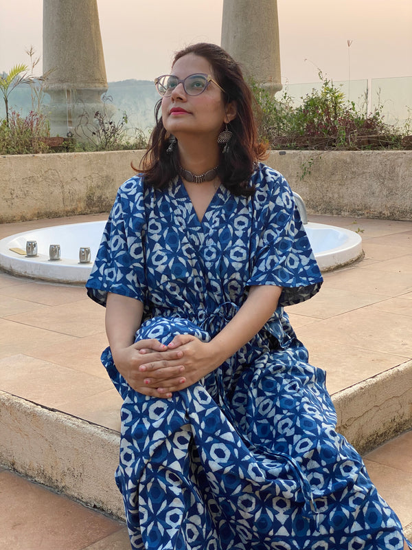Indigo Blue Geometrical Motif Hand-Blocked Caftan with V-Neck, Cinched Waist and Available in both Knee and Ankle Length