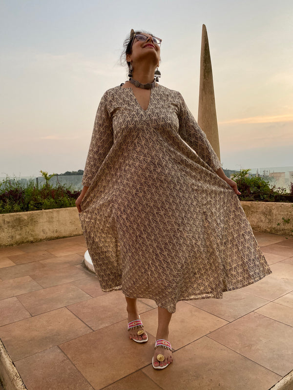 Ivory Black Tiny Tree Motif Hand-Blocked Free Flow Dress | Available in both Knee and Ankle Length